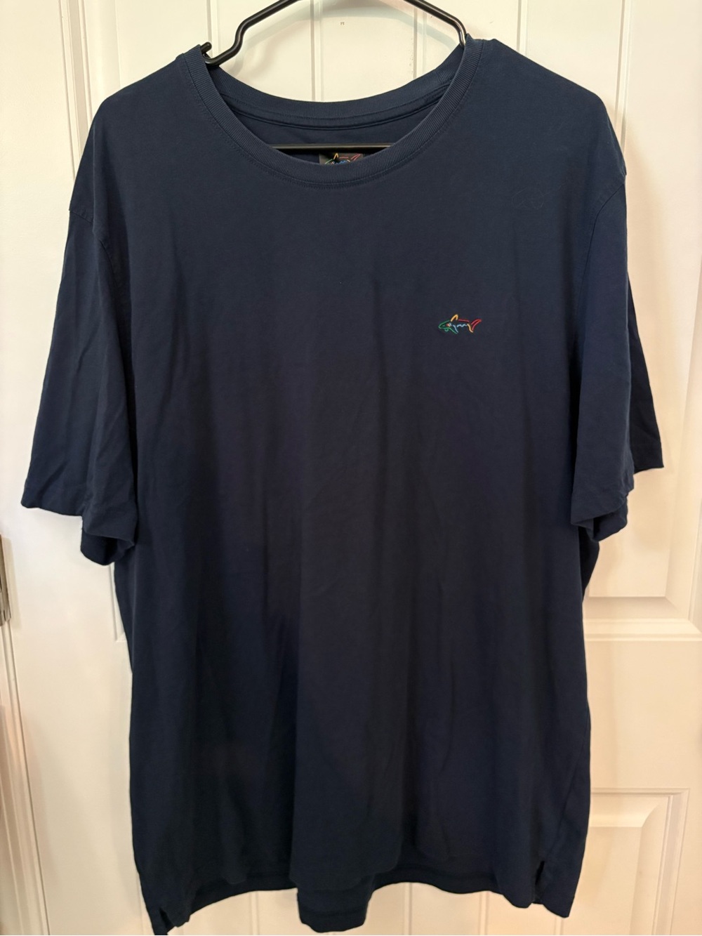 Greg Norman Navy Crewneck T-Shirt with Embroidered Shark. Size XXL.